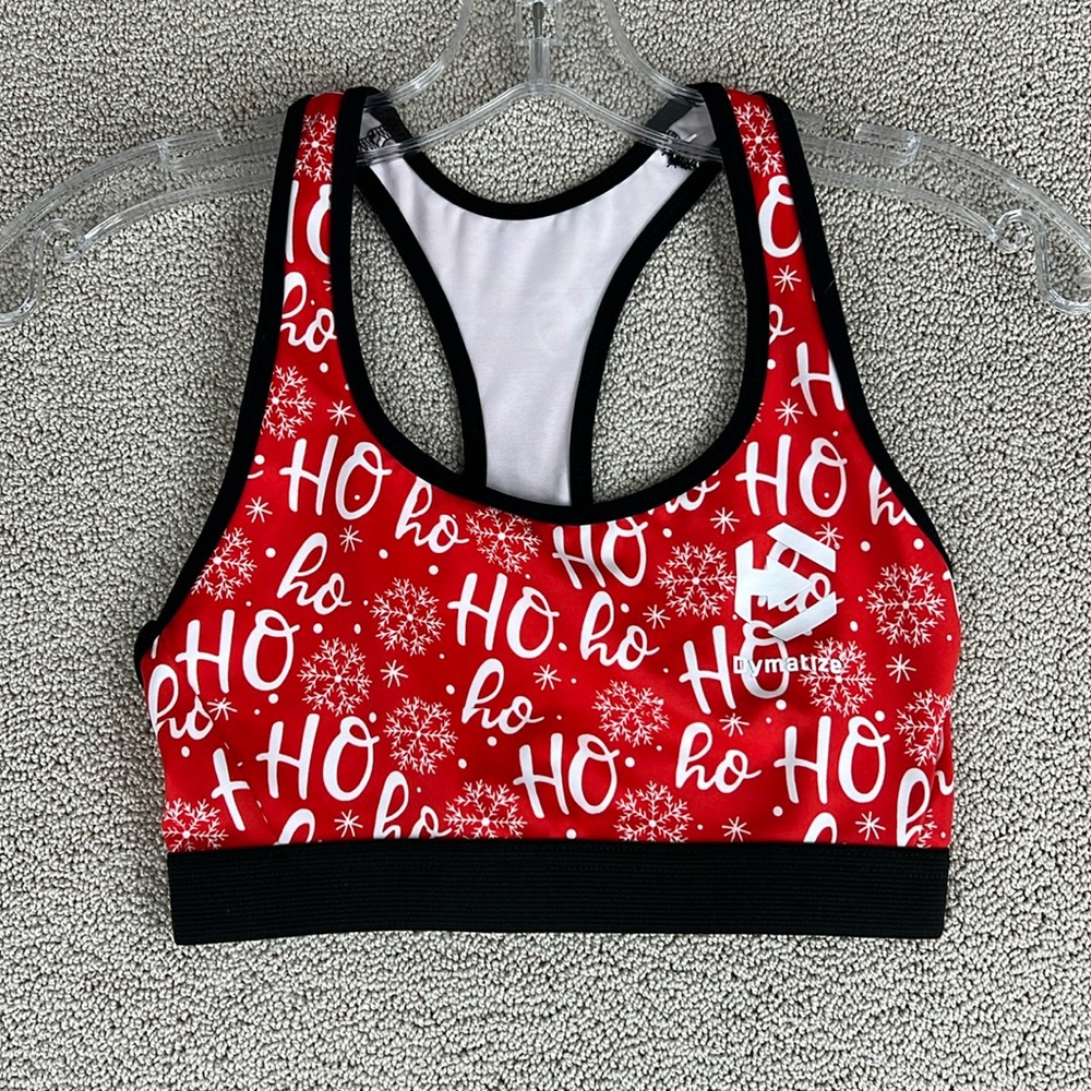 Dymatize Christmas Themed Ho Ho Ho Sports Bra Razor Back Womens Size Small